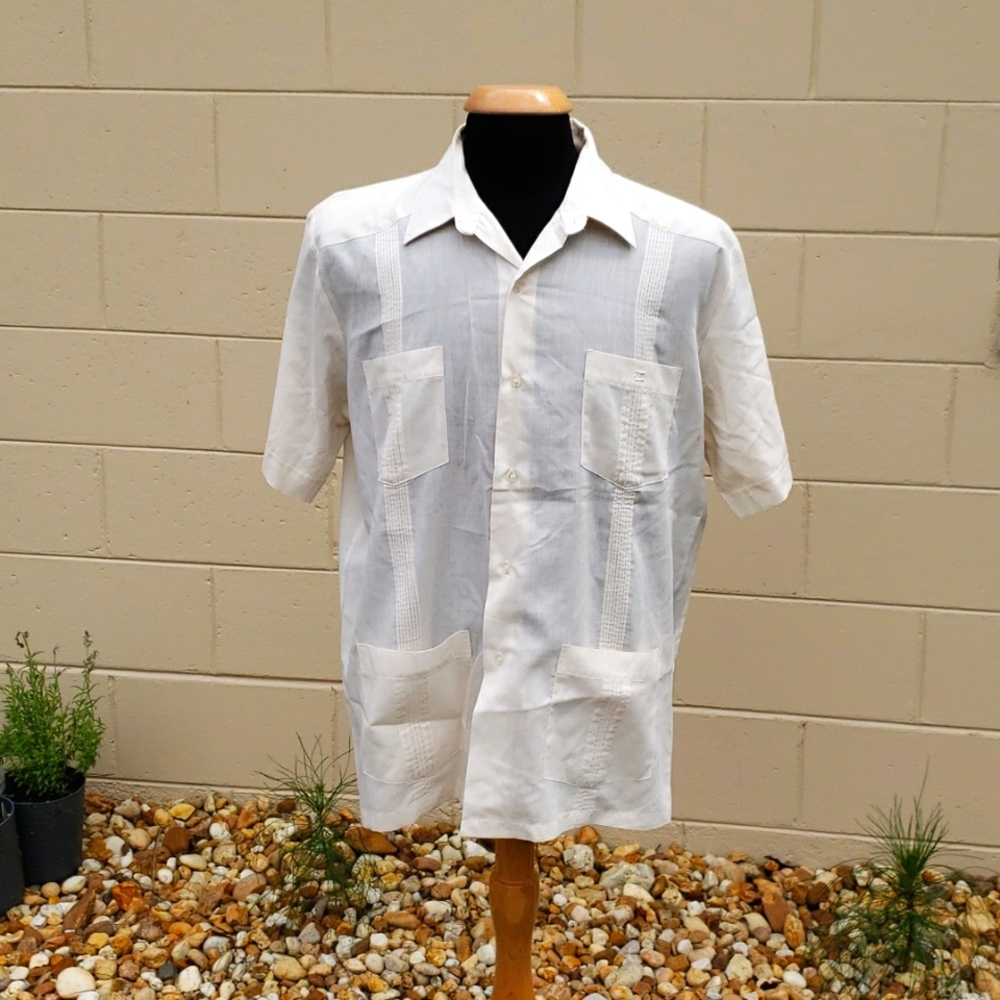 RARE VTG Ted Lapidus Paris Ivory Guayabera Pocket Shirt Mens XL Cuban Summer